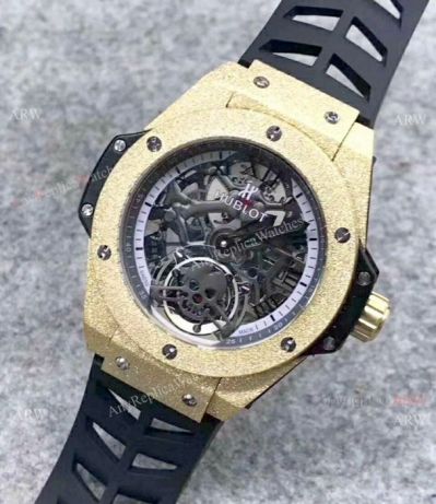 Top Grade Replica Hublot BIG BANG Yellow Gold Frosted Watch Skeleton Dial